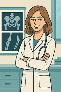 Junge Ärztin in Weiterbildung zur Fachärztin für Orthopädie und Unfallchirurgie vor Röntgenbildern in moderner Klinik.