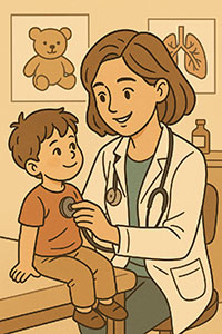 Illustration einer Kinderärztin, die ein Kleinkind in einer kinderfreundlichen Praxis untersucht – symbolisch für die Facharztausbildung Pädiatrie.