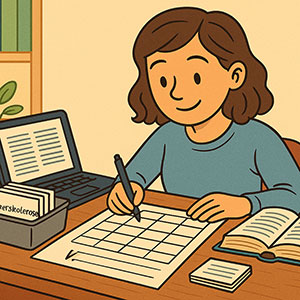 Cartoon einer Medizinstudentin, die motiviert an einem Lernplan arbeitet – effektive Lernorganisation im Studium.