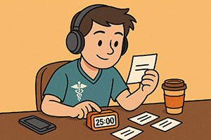 Medizinstudent setzt die Pomodoro-Technik ein, um konzentriert 25 Minuten in der Bibliothek in einer ruhigen Umgebung zu lernen – effektives Zeitmanagement im Medizinstudium.