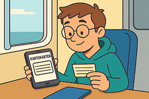 Medizinstudent nutzt Wartezeit in der Bahn zum Wiederholen mit digitalen Karteikarten – smartes Lernen unterwegs mit Karteikarten-Apps.