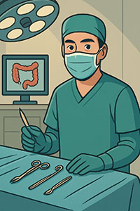 Illustration eines Chirurgen im OP-Saal in typischer Arbeitskleidung und sterilem Umfeld, passend zum Artikel über die Facharztausbildung in Allgemeinchirurgie.