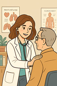 Digitale Illustration einer Hausärztin im Gespräch mit einer älteren Patientin in einer hellen, freundlichen Praxis – Sinnbild für die hausärztliche Versorgung in der Allgemeinmedizin.