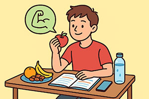 Medizinstudent mit Wasserflasche und Apfel am Schreibtisch – gesunde Ernährung und ausreichend Trinken für optimale Konzentration im Medizinstudium.
