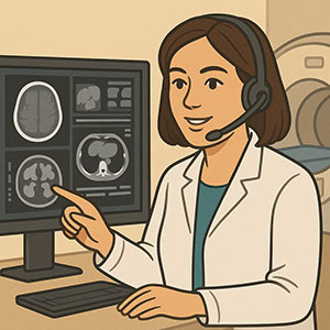 Radiologin bei der Befundung von MRT-Bildern am Monitor mit Headset – Facharztausbildung Radiologie, moderne Diagnostik und Bildgebung.