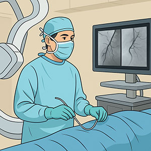 Interventioneller Radiologe mit Katheter vor moderner Angiographie-Anlage bei einem Eingriff – Facharztausbildung Radiologie.