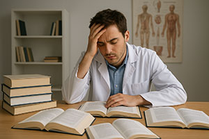 Medizinstudent sitzt konzentriert am Schreibtisch, umgeben von Lehrbüchern, trägt weißen Kittel und wirkt erschöpft beim Lernen.