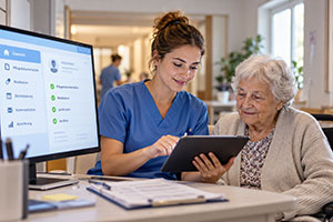 Pflegekraft zeigt einer älteren Patientin die digitale Pflegedokumentation auf einem Tablet in einer modernen Pflegeeinrichtung.